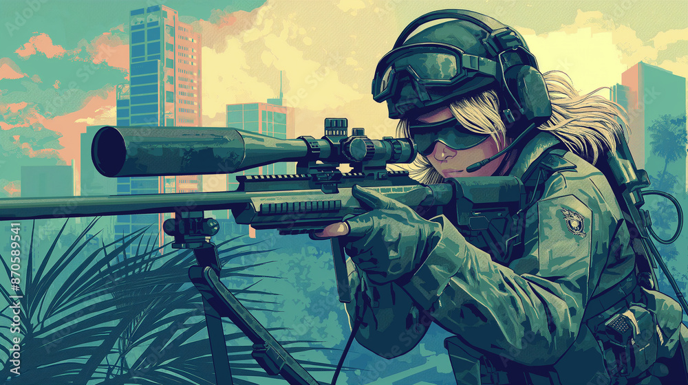 Poster Female soldier aiming with sniper rifle in urban environment