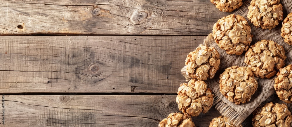 Poster An arrangement of oat cookies placed on a rustic wooden table with open space for adding images. image with copy space