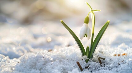 A delicate snowdrop emerging from the melting snow, its white petals symbolizing hope and renewa.