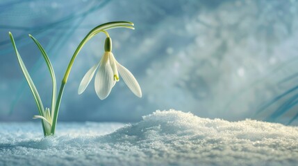 A delicate snowdrop emerging from the melting snow, its white petals symbolizing hope and renewa.