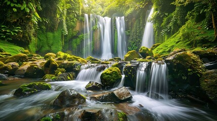 Naklejka premium Serene Waterfall Oasis in Lush Green Forest