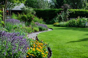 Obraz premium Beautiful green garden in the morning with sun light and shadow.
