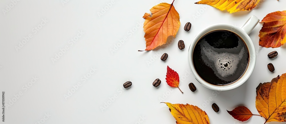 Poster Coffee cup with autumn leaves next to it on white background, providing empty space for text or images. image with copy space