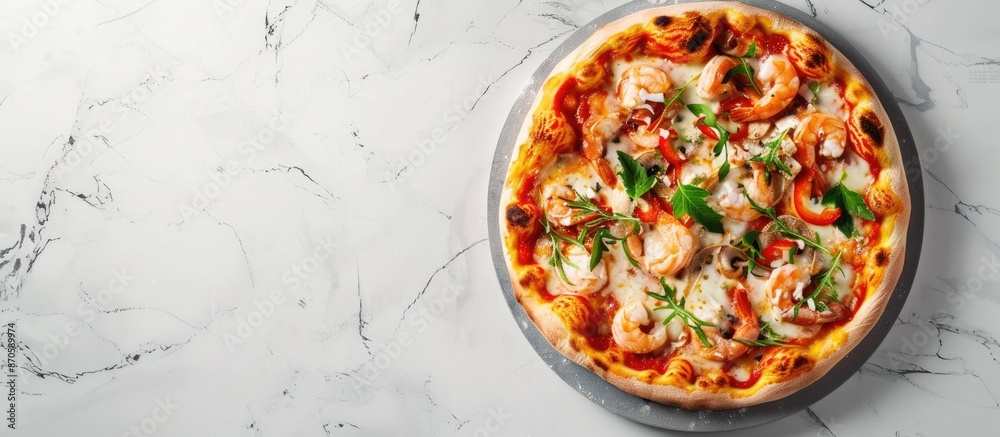 Poster flat lay of delectable seafood pizza on a light grey marble surface with ample copy space for text i
