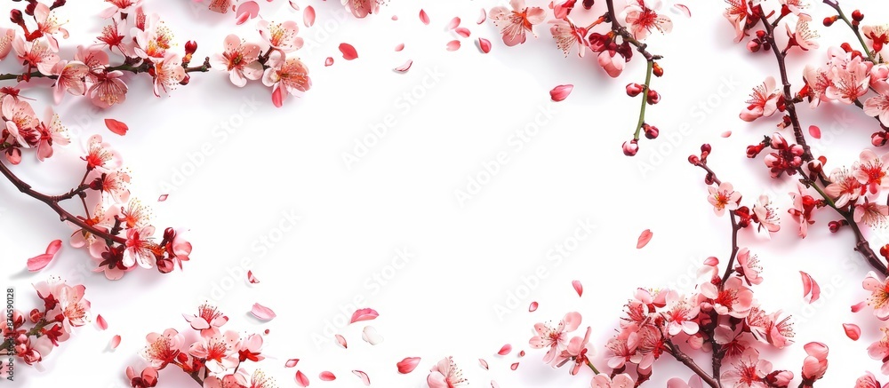 Aufkleber Cherry tree branches in bloom against a white backdrop with copy space image available.