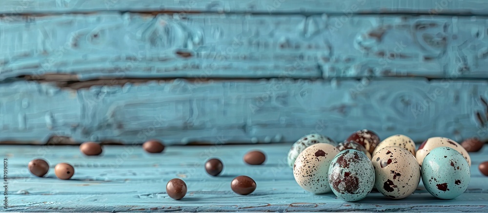 Poster chocolate quail eggs displayed on blue wooden boards with a backdrop suitable for copy space image.