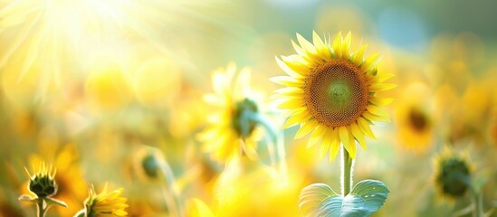 Obraz premium Blooming sunflowers in a field with copy space image.