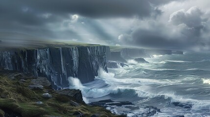 Obraz premium Majestic Rugged Coastline: Dramatic Cliffs and Crashing Waves in Stormy Weather