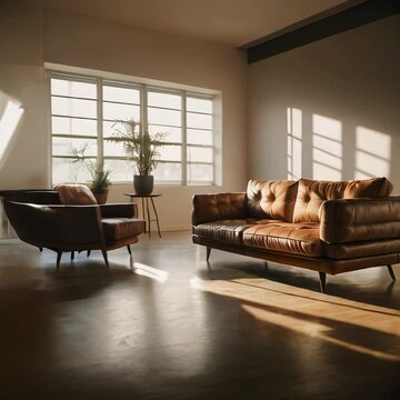 a shot with harsh sun light with a light brown mood, a shot of modern couch lounge from 45 degree camera angle on a soild white background