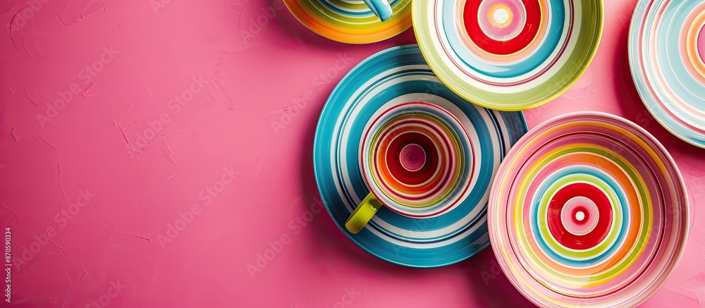Poster colorful plates and mugs with a striped design on a pink background, providing a vibrant and eye-cat