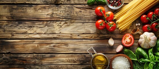 Cooking concept featuring Italian food ingredients on a wooden table with copy space image.