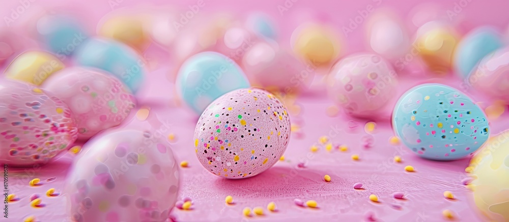 Aufkleber Colorful Easter eggs displayed on a pink background with a designated area for additional content, creating the perfect Easter-themed image with soft focus.