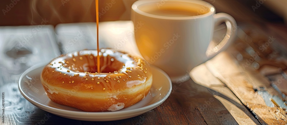 Poster dunking a sweet donut into a cup of coffee creates a cozy morning ritual with a delightful taste, pe