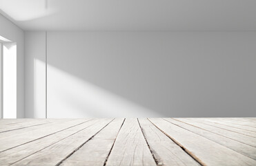An elegant and subtle abstract light backdrop for product display with graceful and subtle shadows cast by tree branches on the wall. rays of the window, with an empty table