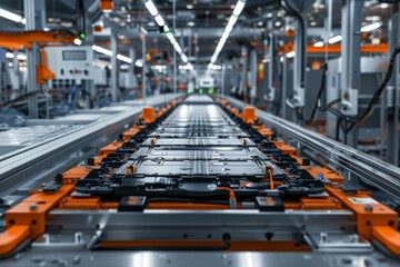 Obraz premium Step into the world of sustainable mobility with studio isolate shots highlighting the mass production assembly line of battery cells for electric vehicles.
