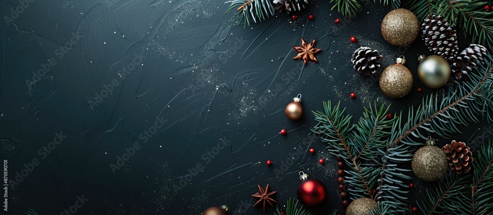 Poster christmas-themed backdrop featuring a dark hue, fir tree, and festive ornaments against a copy space