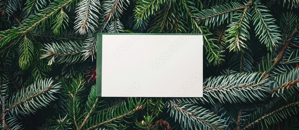 Aufkleber Creative Christmas scene featuring a blank greeting card mock-up surrounded by Christmas tree branches in a flat lay composition. Nature-inspired New Year concept with copy space image.