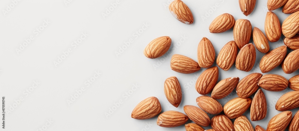 Poster Almonds neatly peeled, displayed on white backdrop with copy space image.