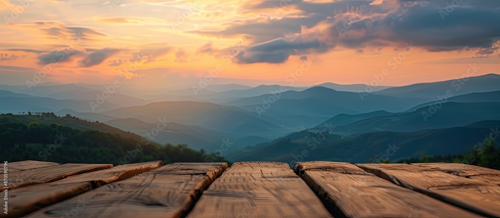 Poster background of blurred sky and mountains enhances beauty of wooden table in the image with a copy spa