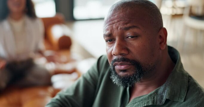 Couple, divorce or angry man on sofa with commitment doubt, fail or overthinking mistake at home. Marriage, conflict or African husband ignore screaming wife in living room for cheat, liar or crisis