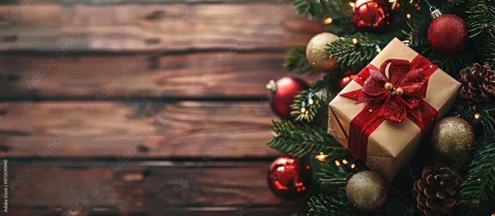 Poster festive christmas tree decorated with ornaments and a gift box on a rustic wooden backdrop, with spa