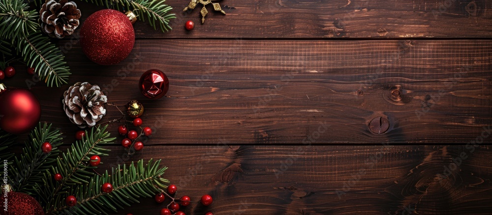 Poster background of wooden christmas decor with ornaments providing space for text to be added on the imag