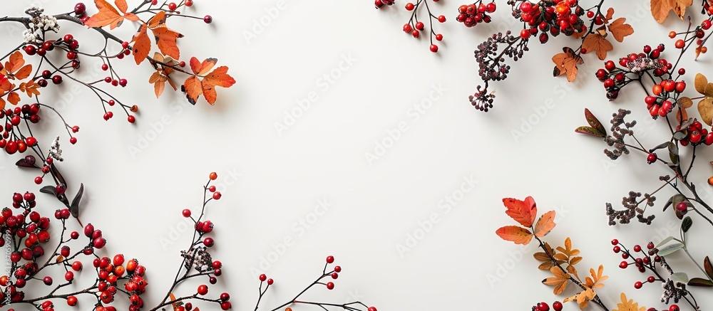 Poster Autumn-themed arrangement with berries forming a frame on a white background. Perfect for fall, featuring a flat lay and top view with ample copy space image.