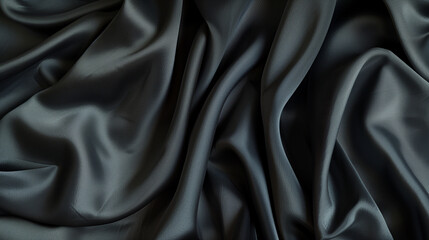 Fototapeta premium Minimalist shot of black silk fabric draped to emphasize its smooth, glossy texture. Ideal for promoting high-end fashion or luxury textiles.