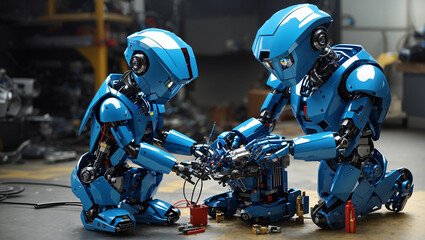 The image shows two blue robots kneeling and working on a device with wires. They are in a workshop or laboratory.

