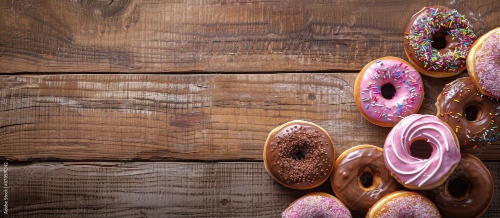 Aufkleber donuts displayed on a wooden surface with copy space image.