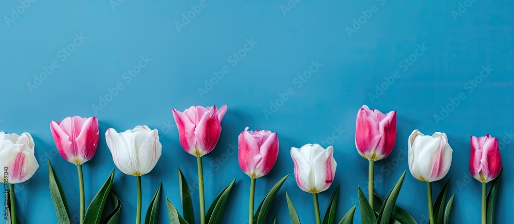 Poster flat lay of pink and white tulips bordering a blue backdrop, ideal for text placement in the copy sp