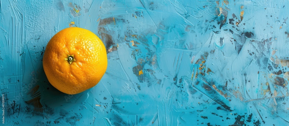 Poster copy space image of a vibrant orange on a textured blue backdrop, embodying a creative summer concep