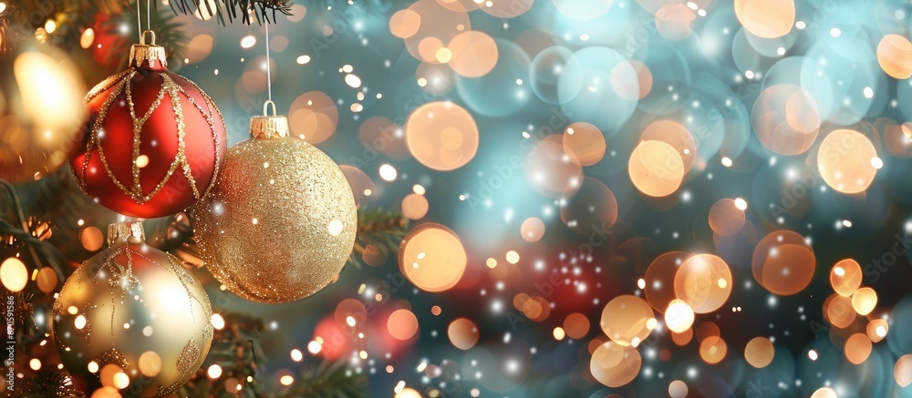 Poster festive christmas decorations with a blurred bokeh background in a copy space image.