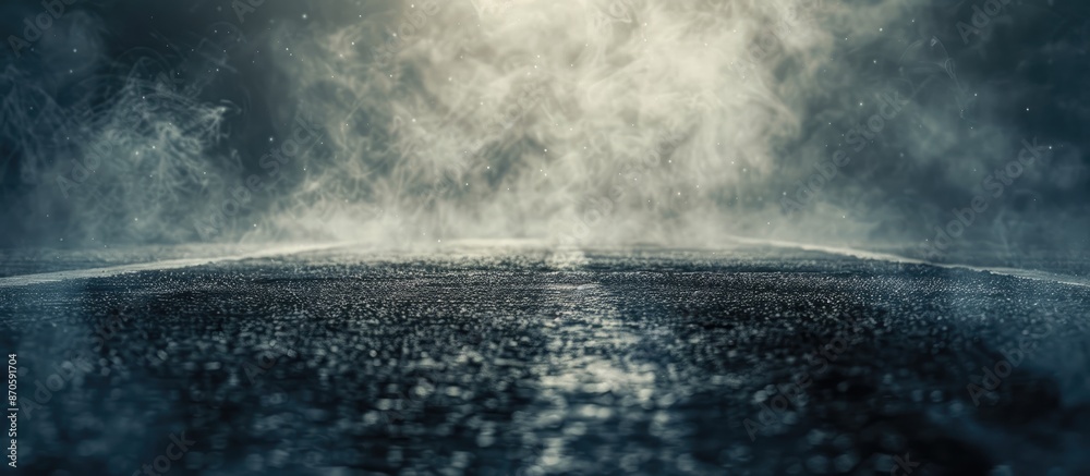 Poster Abstract dark textured asphalt with smoke on a deserted street, creating a mysterious ambience against a light night background with copy space image.