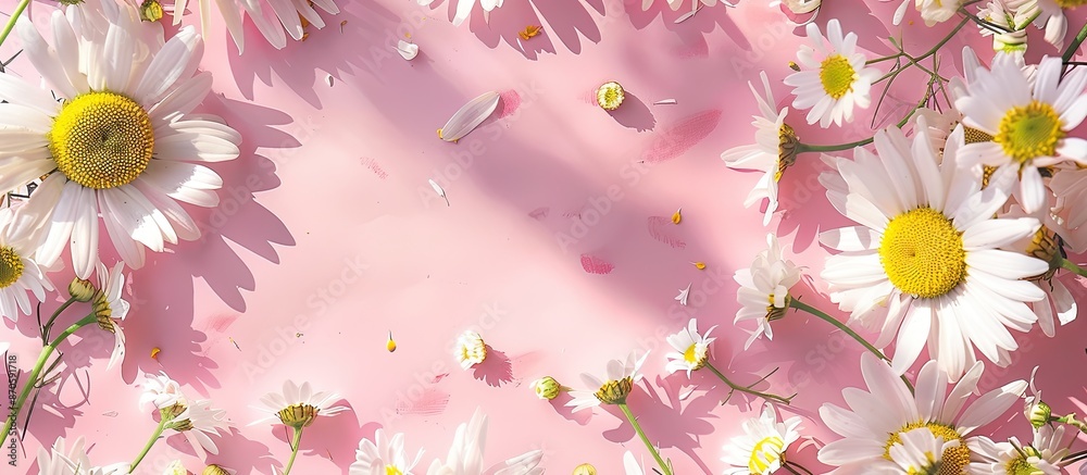 Poster chamomile flowers in a circular frame on a pink backdrop with white daisies and yellow centers, idea