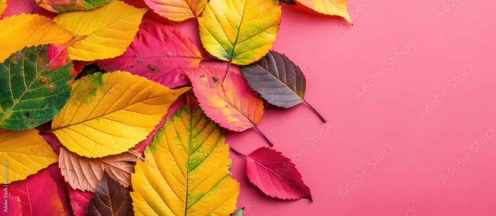 Poster autumn leaves in vibrant colors create a natural seasonal background in the copy space image.