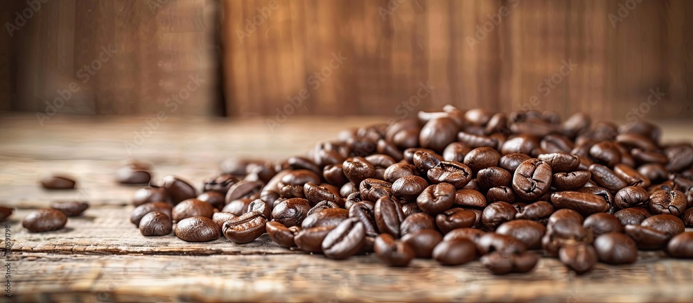 Poster Close-up view of a pile of coffee beans against a wooden backdrop with room for text in the picture. image with copy space