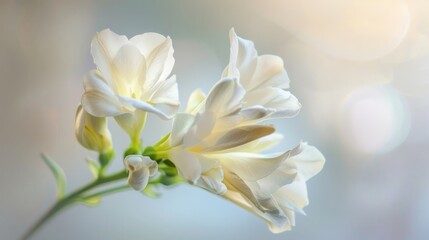 Obraz premium A dreamy photo of a white freesia, its delicate petals and sweet fragrance evoking a sense of tranquility.