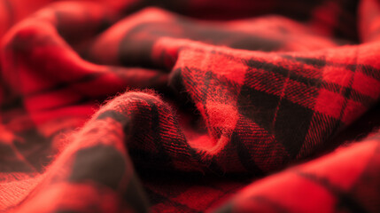 Cozy red plaid flannel fabric in a close-up that highlights its texture, great for advertising winter apparel or rustic home textiles.
