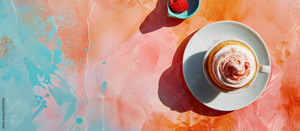 Poster Enjoying coffee with dessert on a table with a vibrant copy space image.