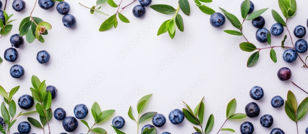 Poster an aerial view of blueberries and foliage with a white backdrop, offering plenty of copy space image