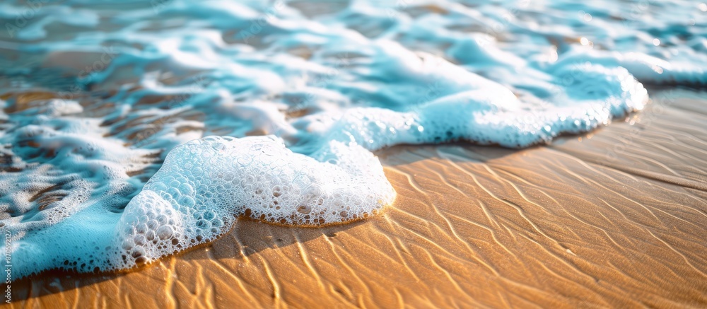 Aufkleber close-up view of a sea wave, highlighting white foam on a golden sandy beach by the blue ocean; idea