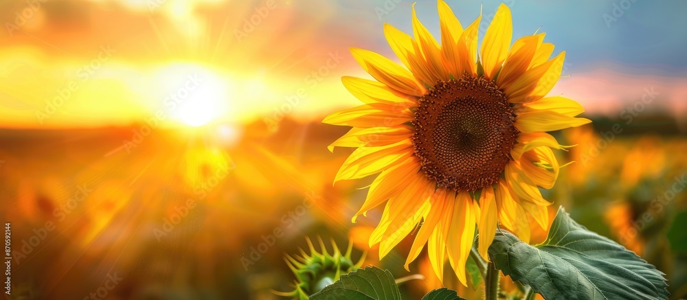 Poster close-up of a vibrant yellow sunflower blossoming in a field during sunset, providing a colorful and