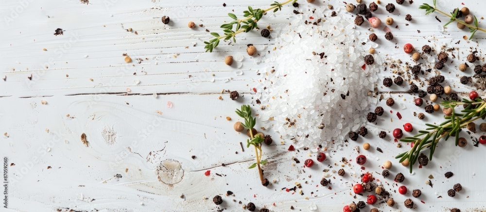 Poster close-up of salt scattered with peppercorns and thyme, on a white wooden table, with ample space for