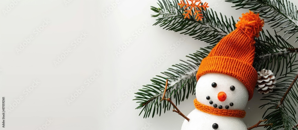 Aufkleber Copy space image of a handmade snowman with an orange hat and a fir tree branch in isolation.