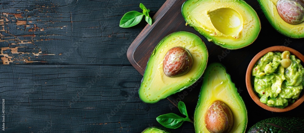 Aufkleber close-up top view of half and whole avocadoes with guacamole sauce, set on a dark wood background, l