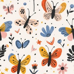 Fototapeta premium Painted colored seamless pattern with butterflies and twigs and flowers on light background