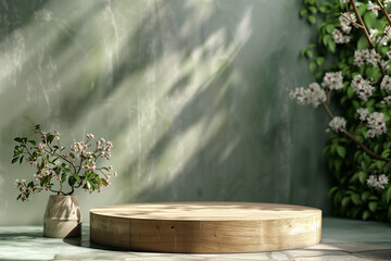 Beautiful round wooden empty podium with space for a product with plant elements soft flowers 
