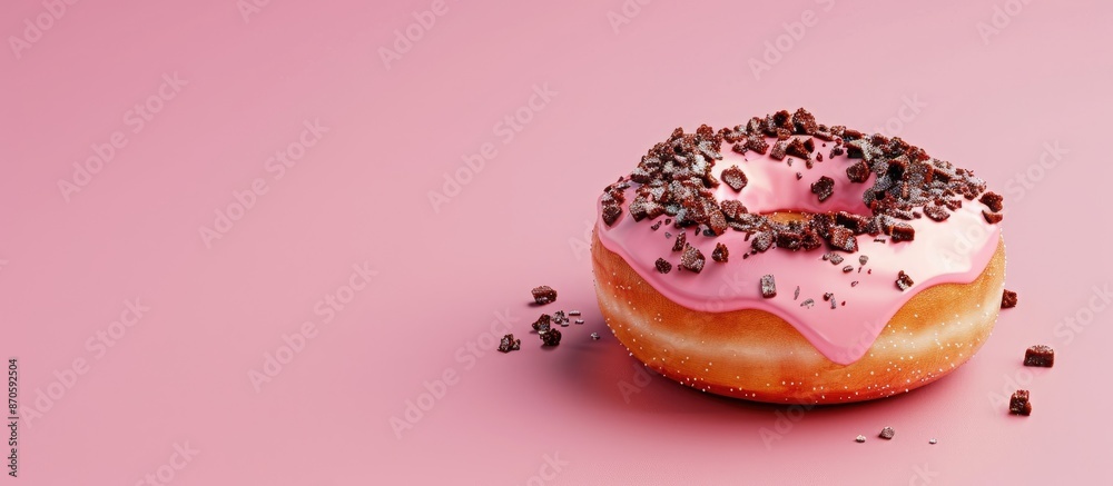 Poster Donut with sugary frosting and chocolate bits on top, against a background with empty space for text or graphics to be added. image with copy space