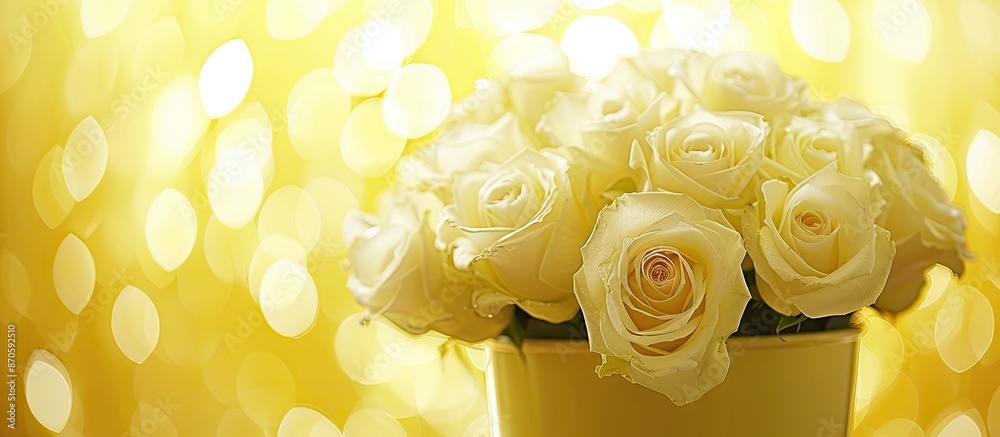Poster Closeup of a bucket filled with white roses against a yellow background, with blurred details for enhanced focus, creating room for text in the image. image with copy space